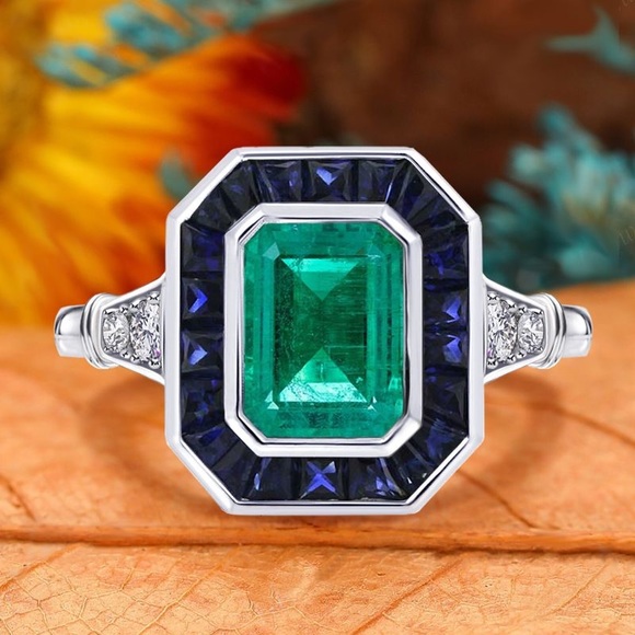 Vintage Emerald Cut Emerald Sapphire Engagement Ring 925 Sterling Silver - Picture 2 of 6